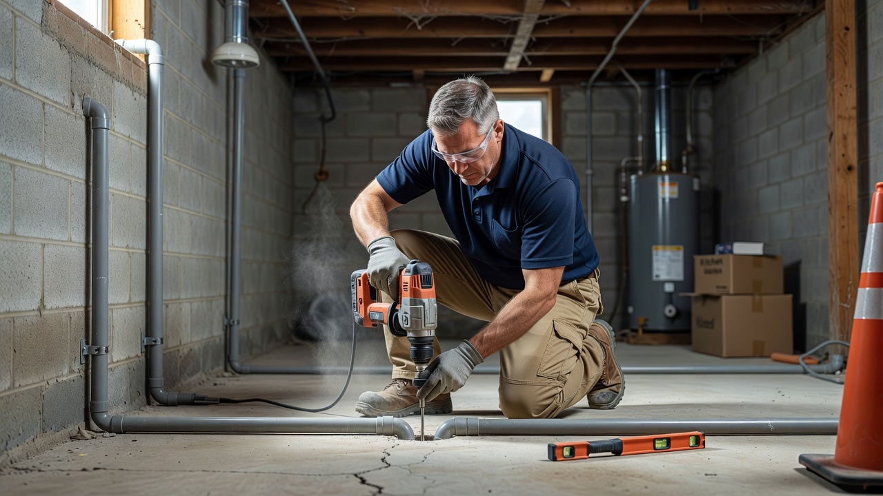 radon mitigation technician installing sub-slab depressurization system