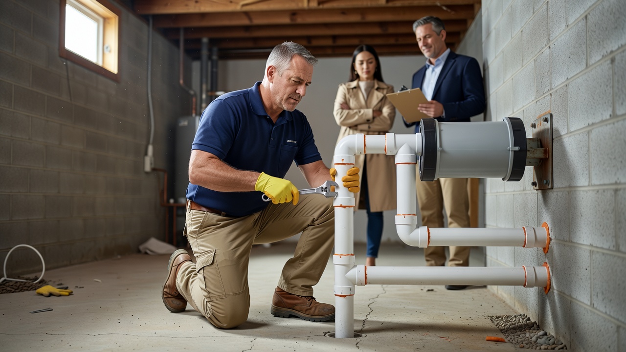 radon technician installing PVC pipe mitigation fan