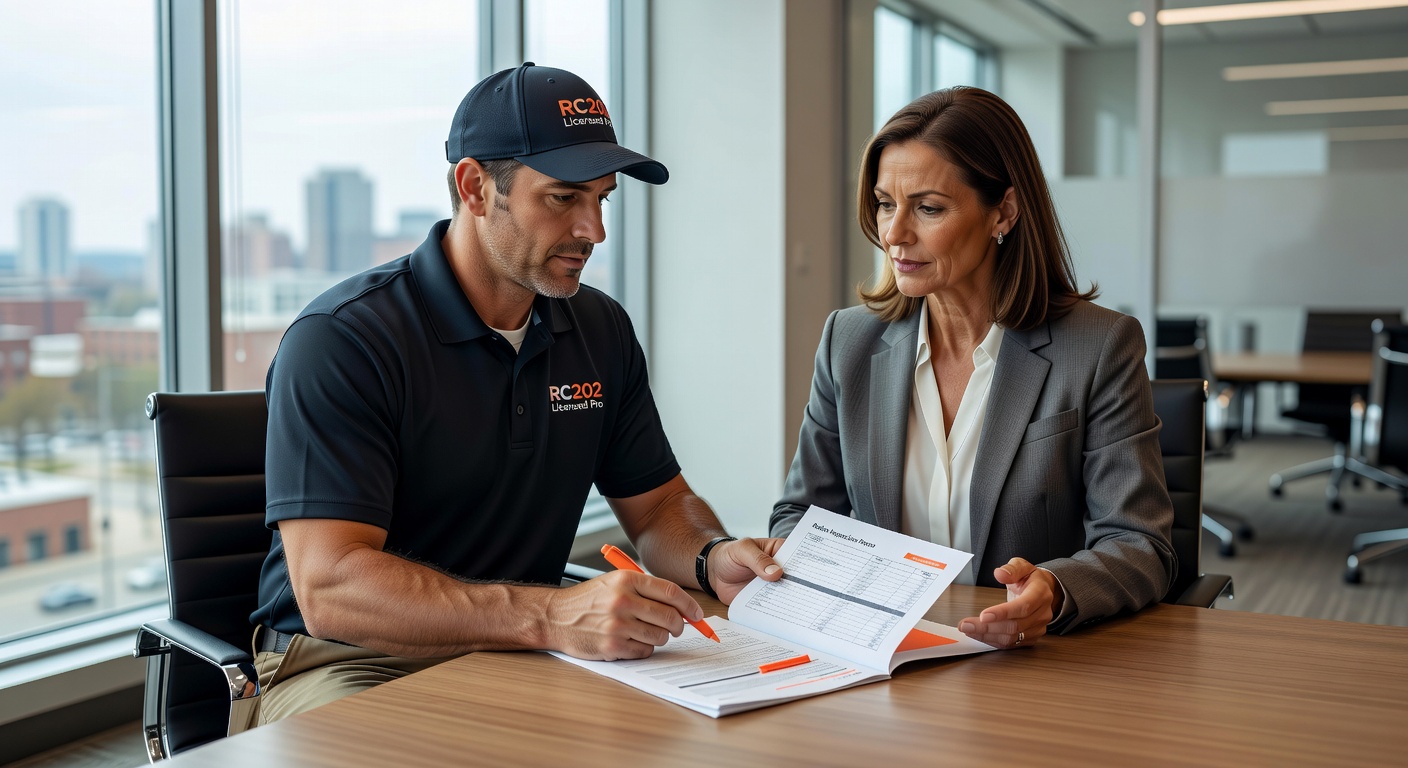 radon mitigation contractor reviewing report with commercial property owner