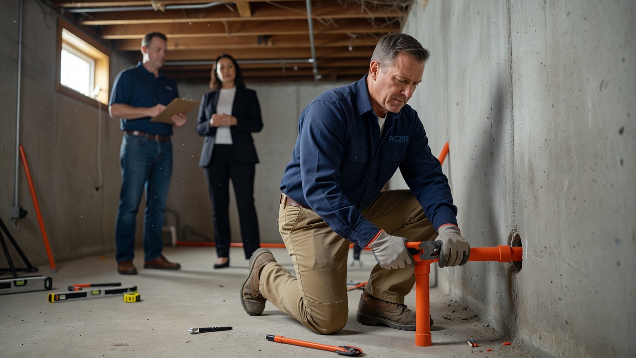 radon mitigation technician installing PVC pipe basement