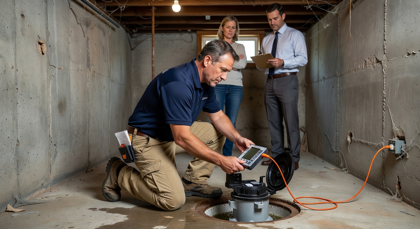 radon technician inspecting basement sump pump Ohio