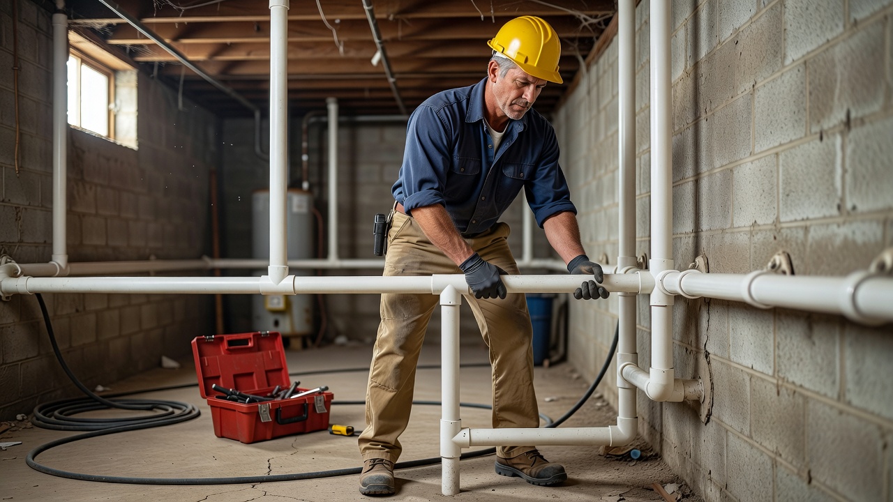 radon technician installing PVC pipe system Ohio basement
