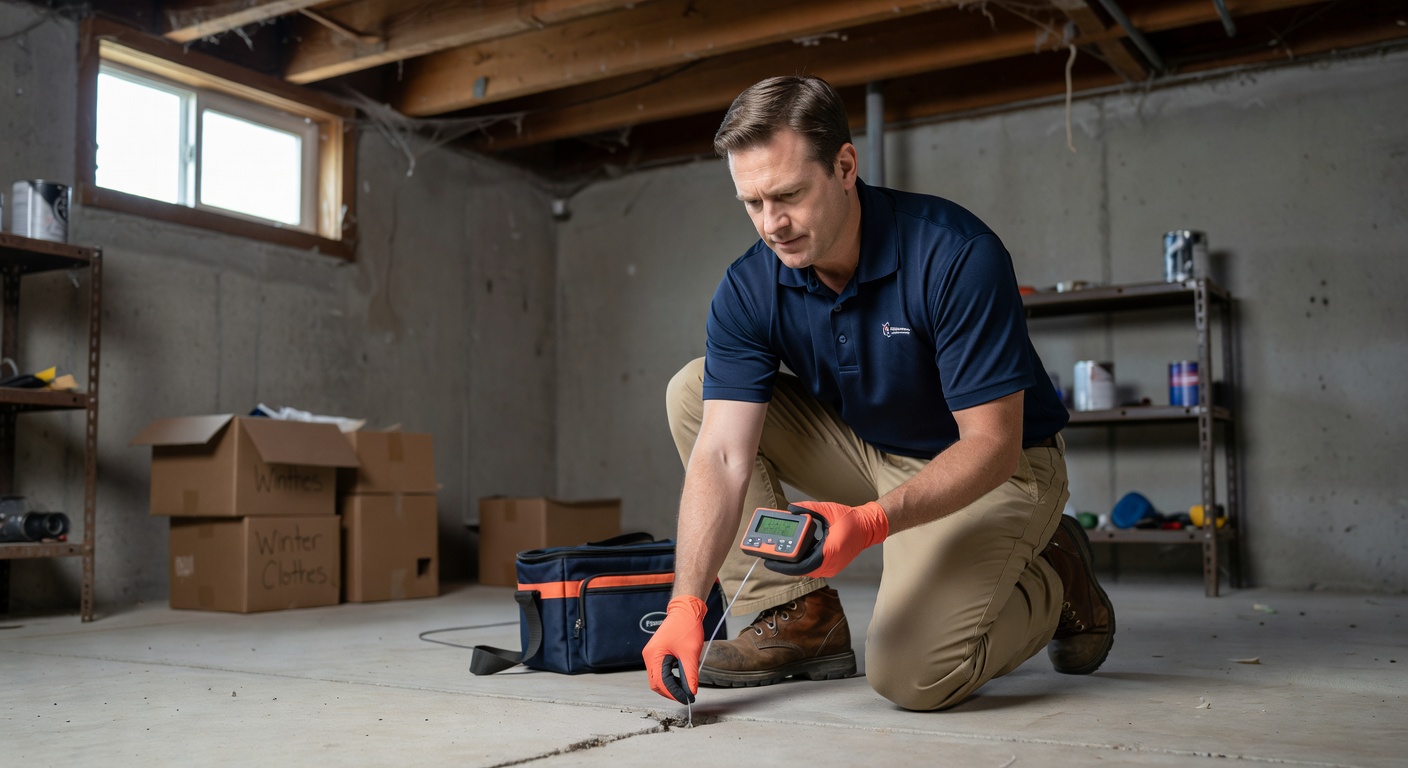 radon test technician measuring basement Ohio