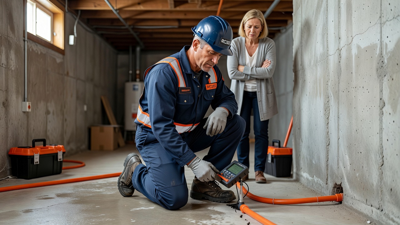 radon technician inspecting basement foundation Ohio