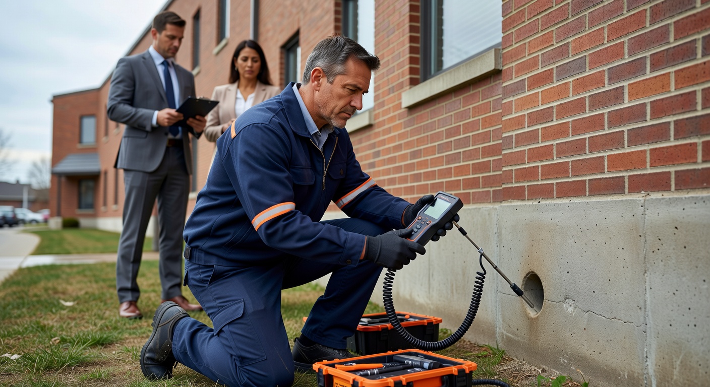 radon mitigation technician inspecting commercial building Ohio