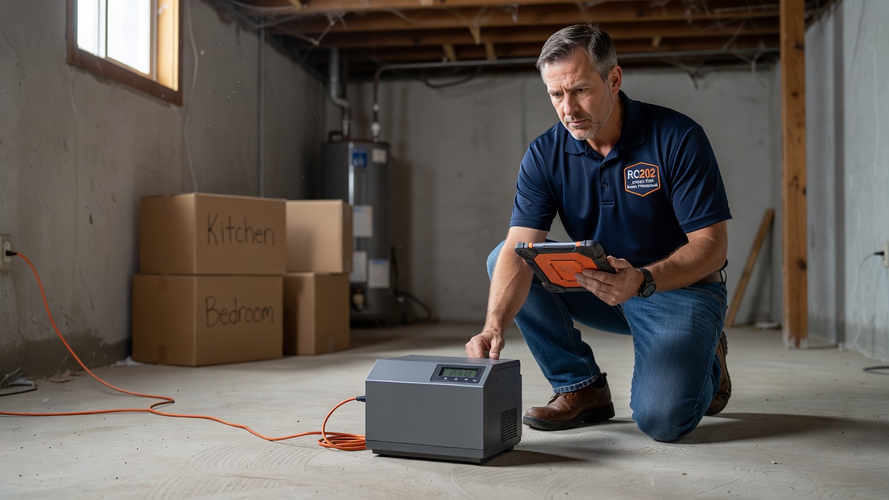 continuous radon monitor device on basement floor