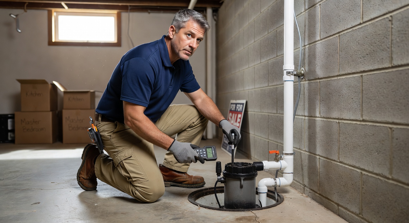radon mitigation contractor inspecting basement sump pump