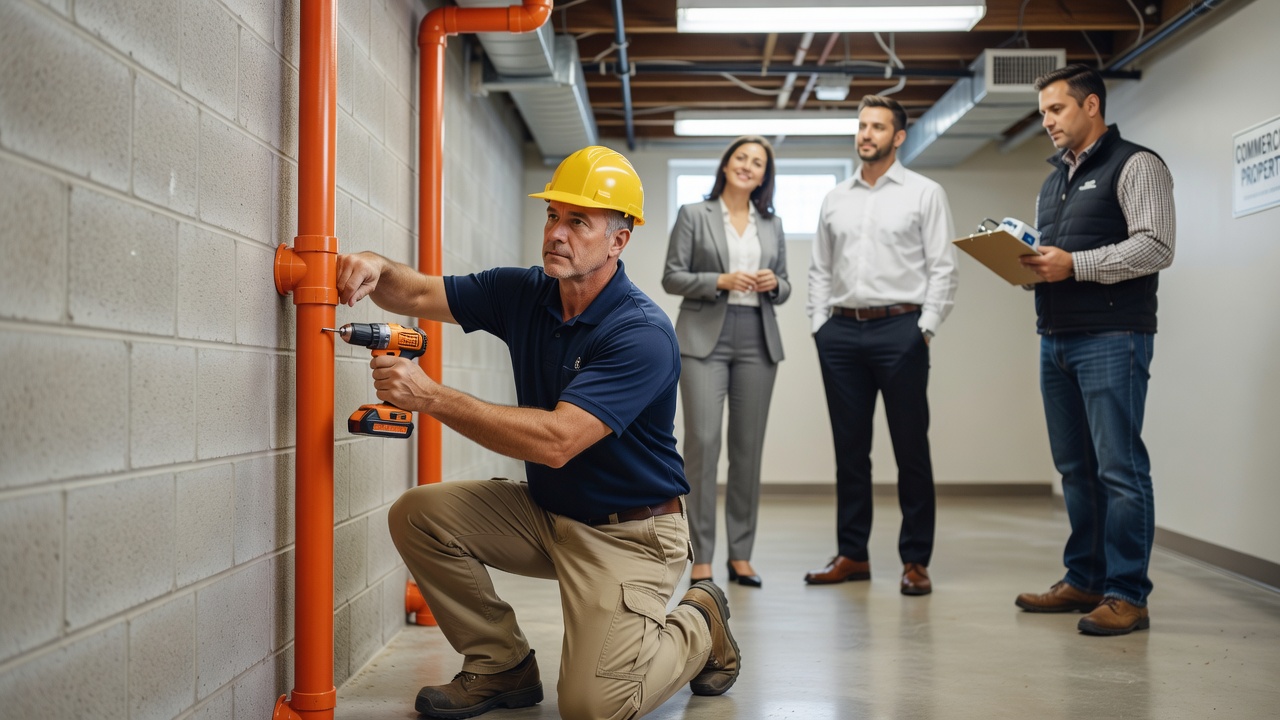 radon mitigation technician installing system commercial building