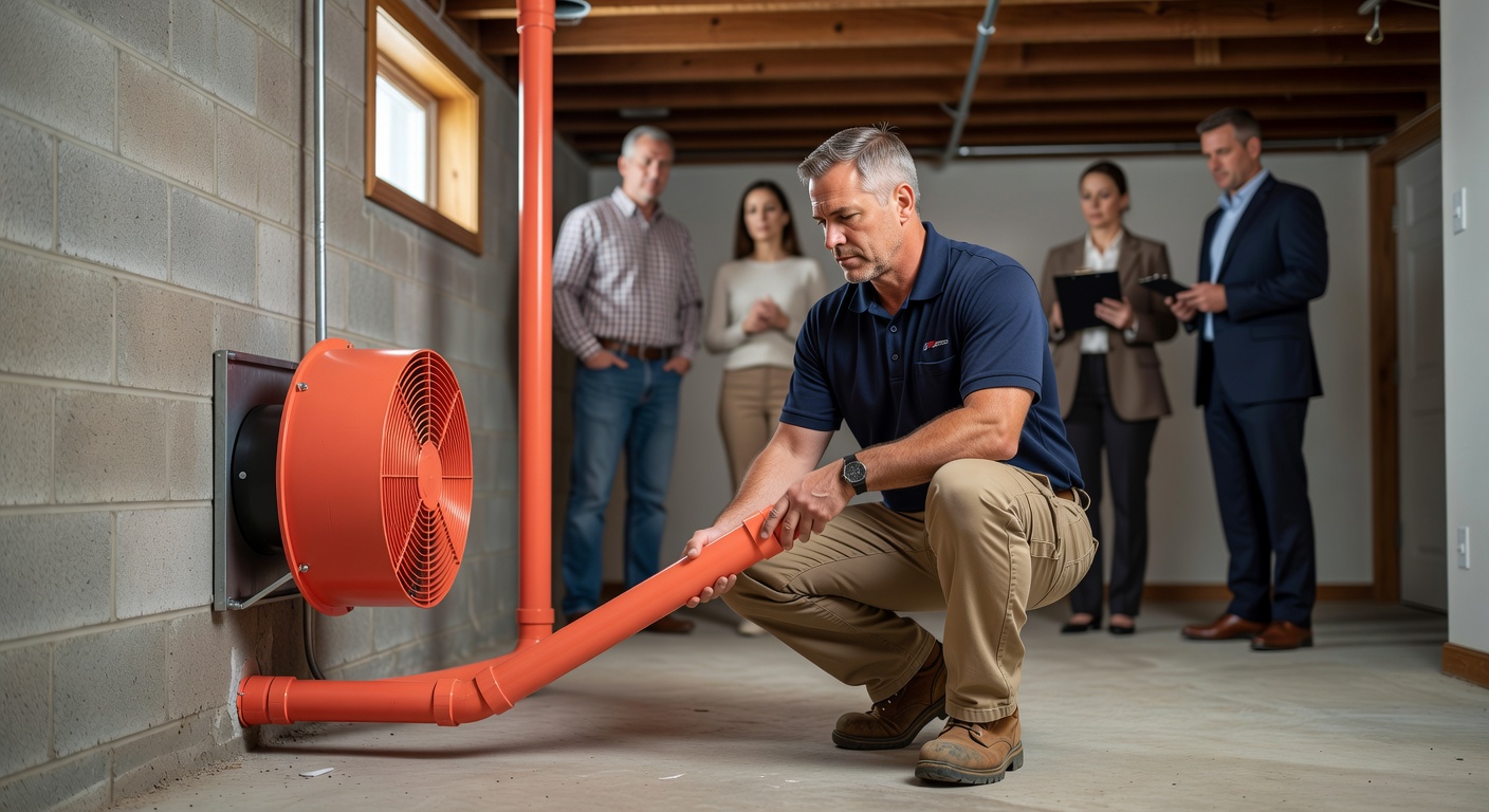 radon mitigation technician installing fan basement