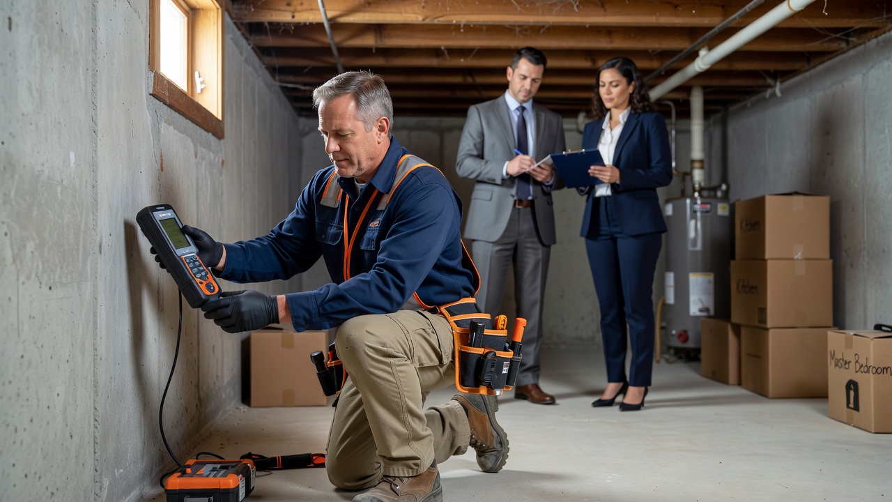 radon mitigation technician inspecting basement Ohio home