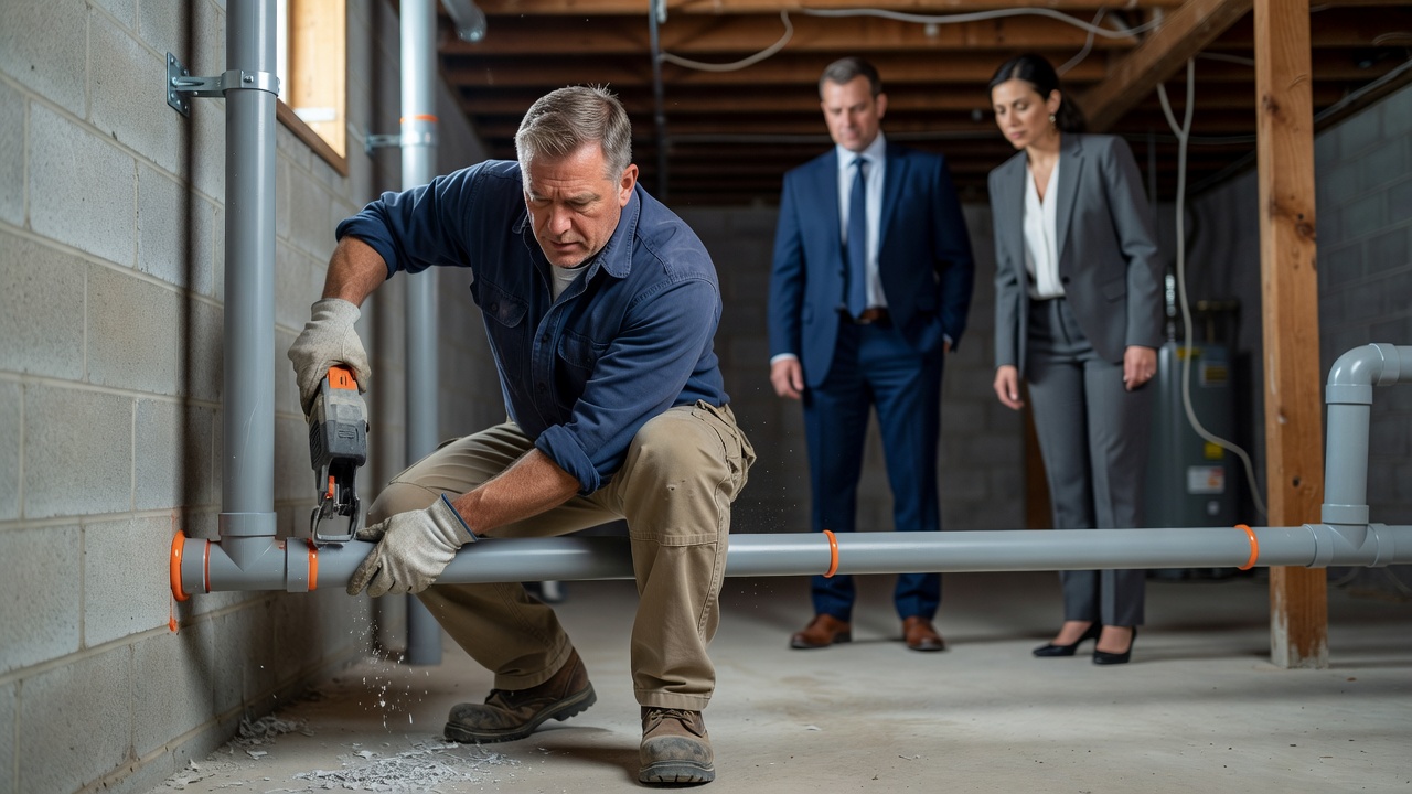 radon technician installing PVC vent pipe basement