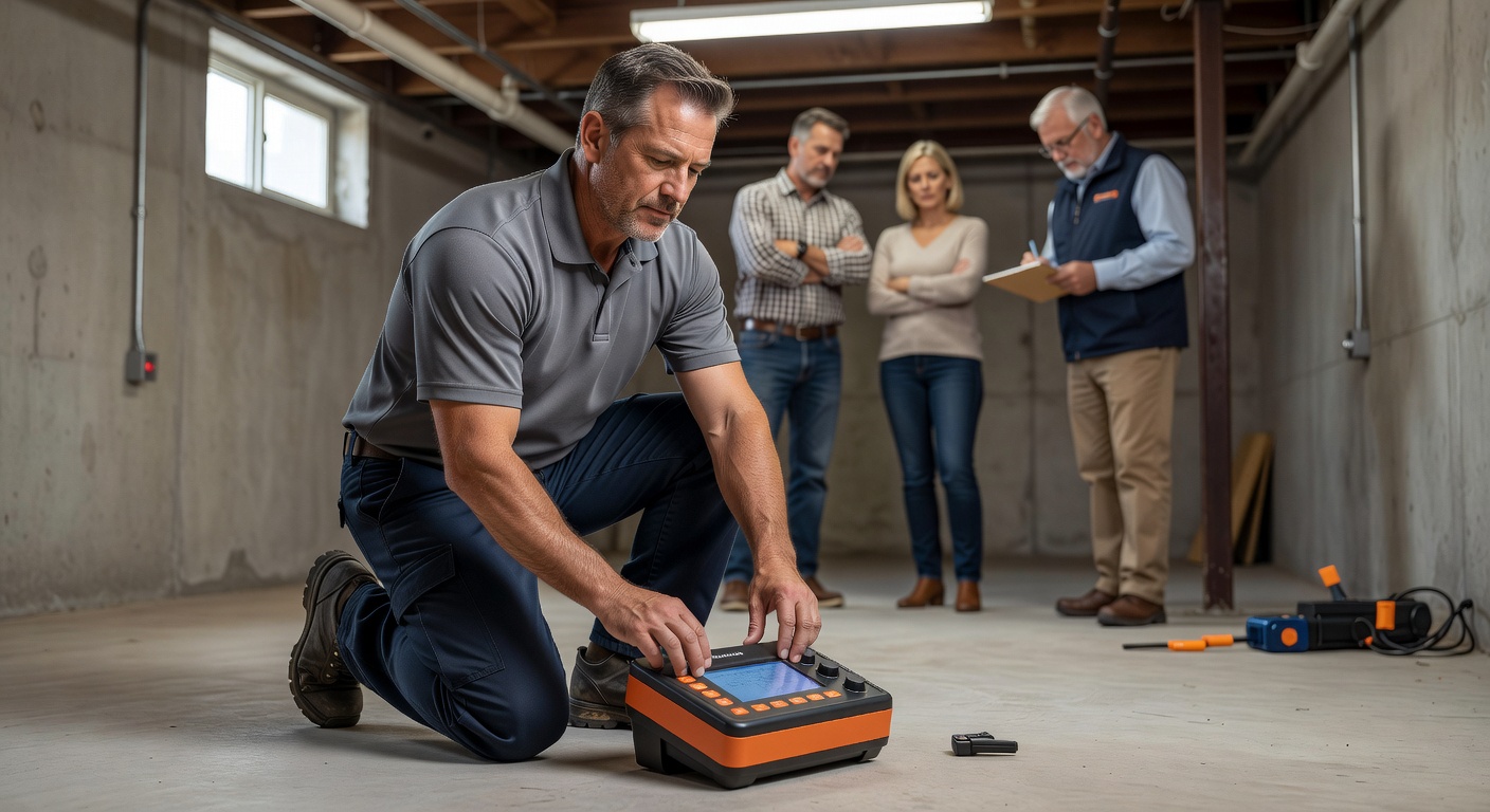 radon technician testing meter basement inspection