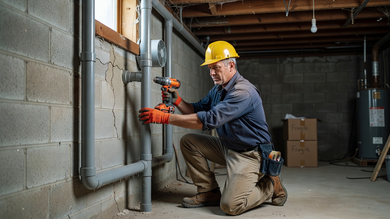 radon technician installing PVC mitigation pipe in basement