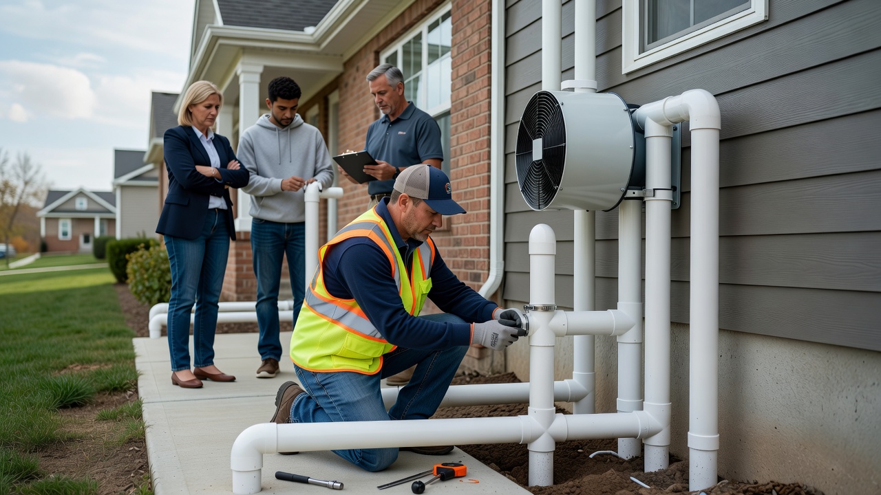radon mitigation fan PVC pipe exterior installation