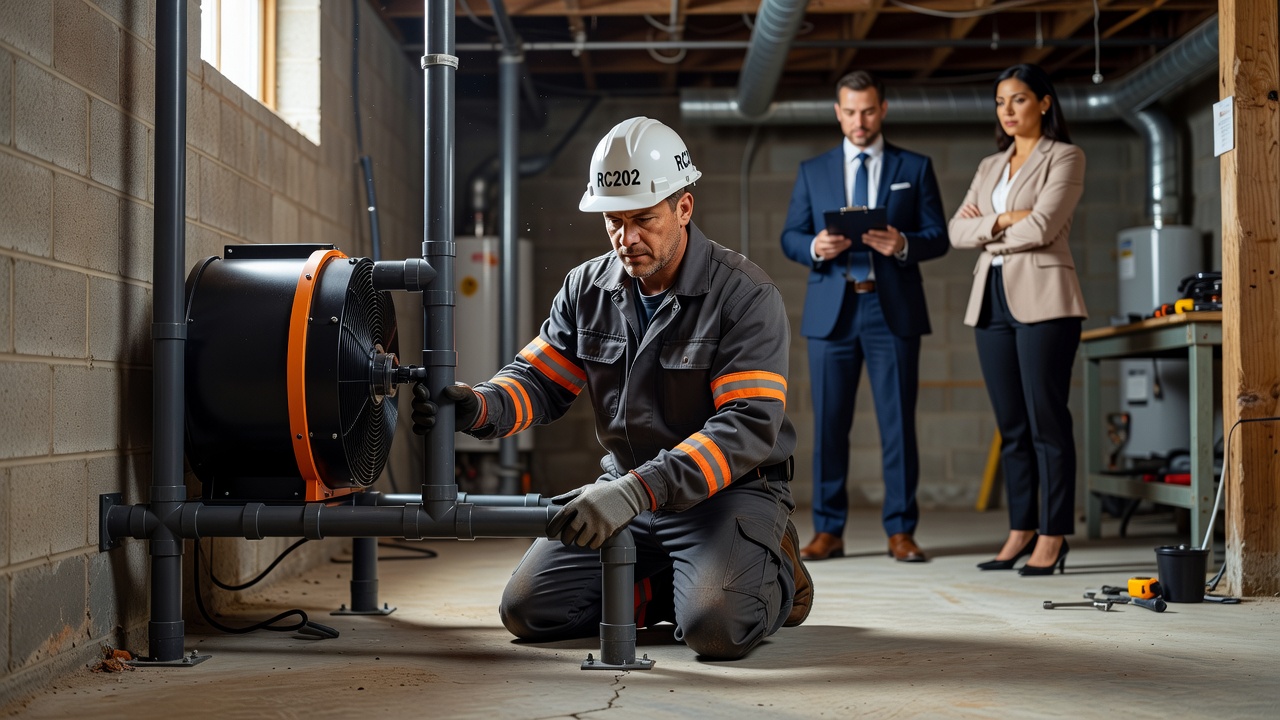 radon mitigation technician installing system commercial building
