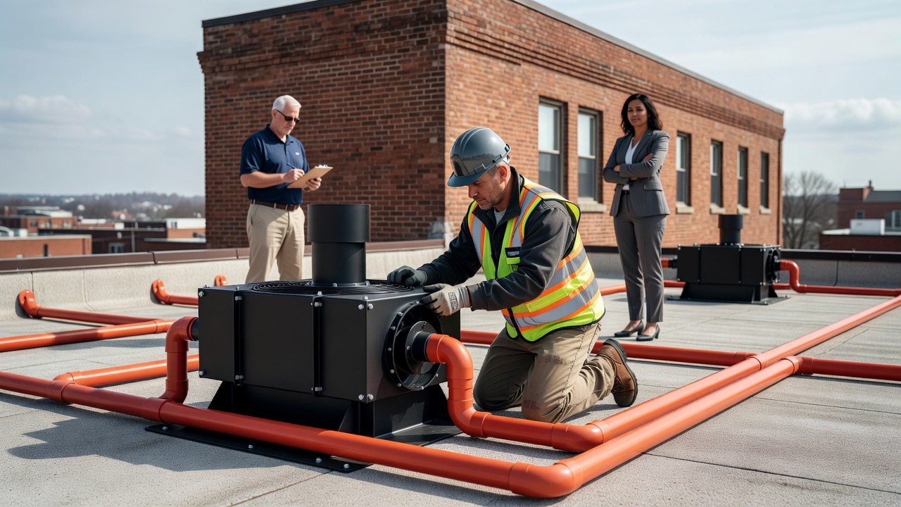 radon mitigation fan system commercial roof installation