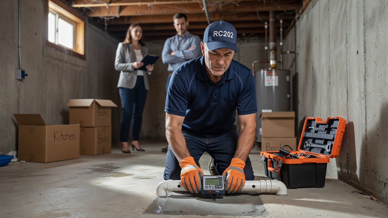radon mitigation contractor inspecting Ohio home basement