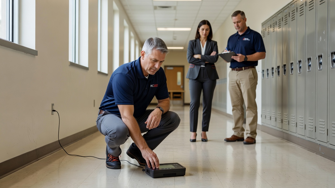radon testing continuous monitor school building hallway