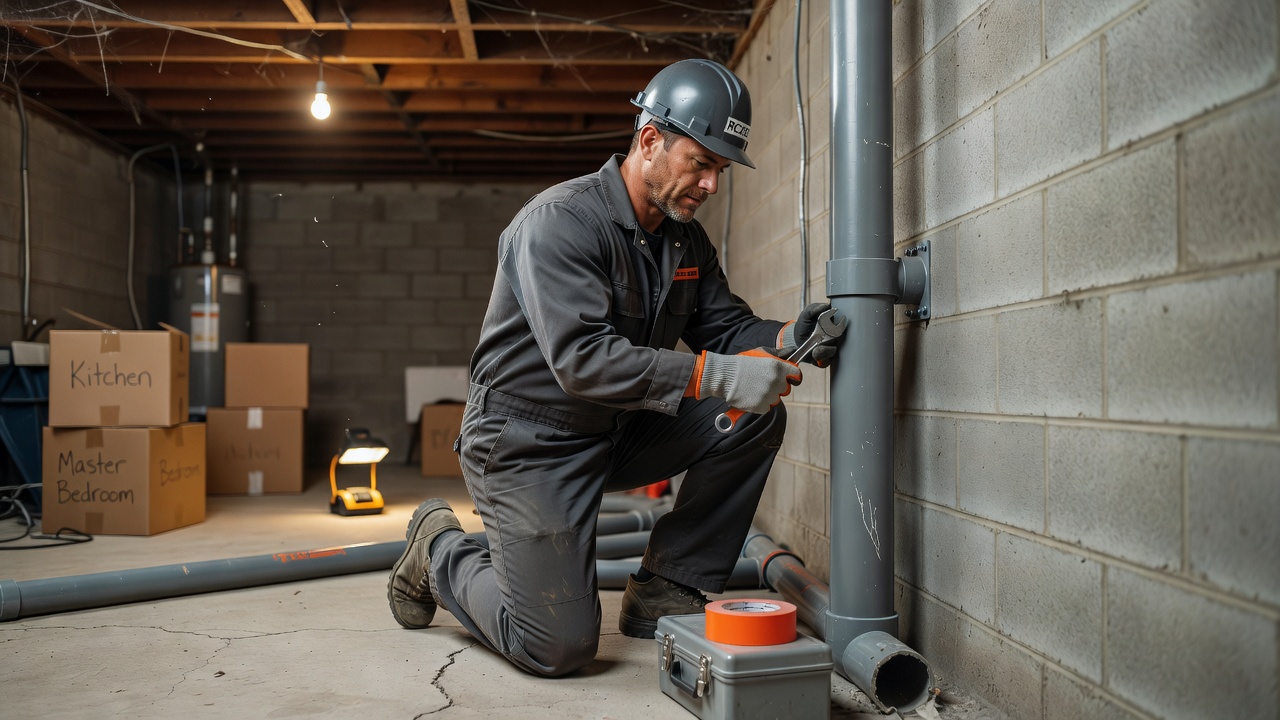 radon technician installing pvc mitigation pipe basement
