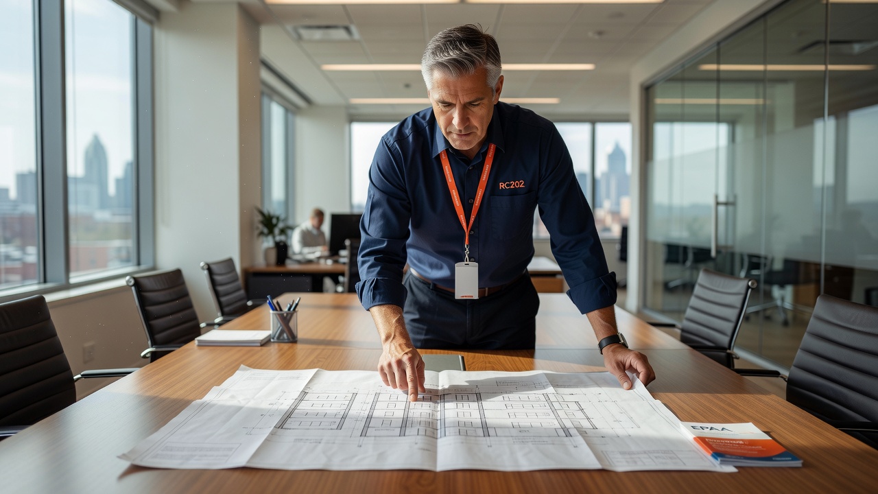 licensed radon professional reviewing commercial building blueprints