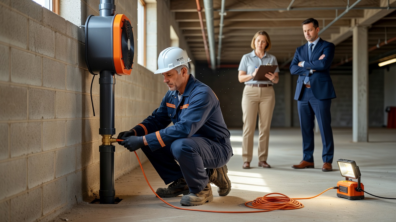 radon technician installing mitigation system in commercial basement