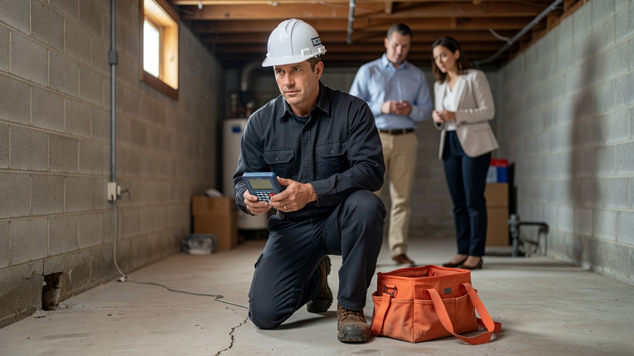 radon mitigation technician inspecting home basement