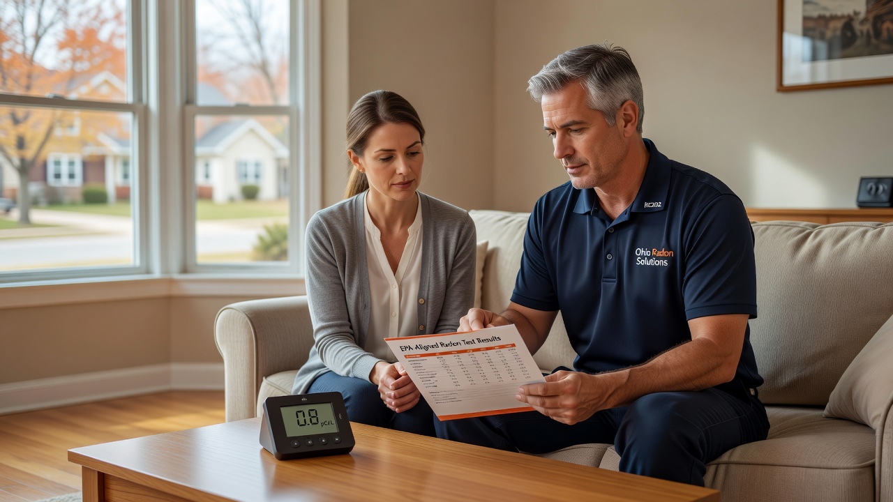 licensed radon contractor reviewing test results with Ohio homeowner