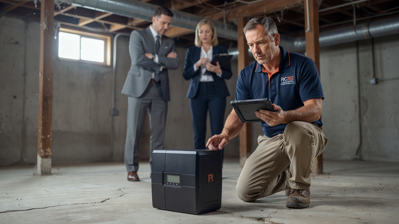 continuous radon monitor device on basement floor