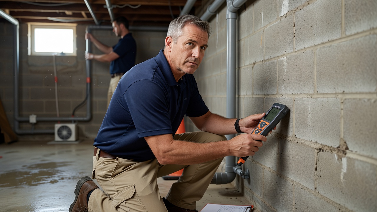 radon mitigation technician inspecting basement foundation