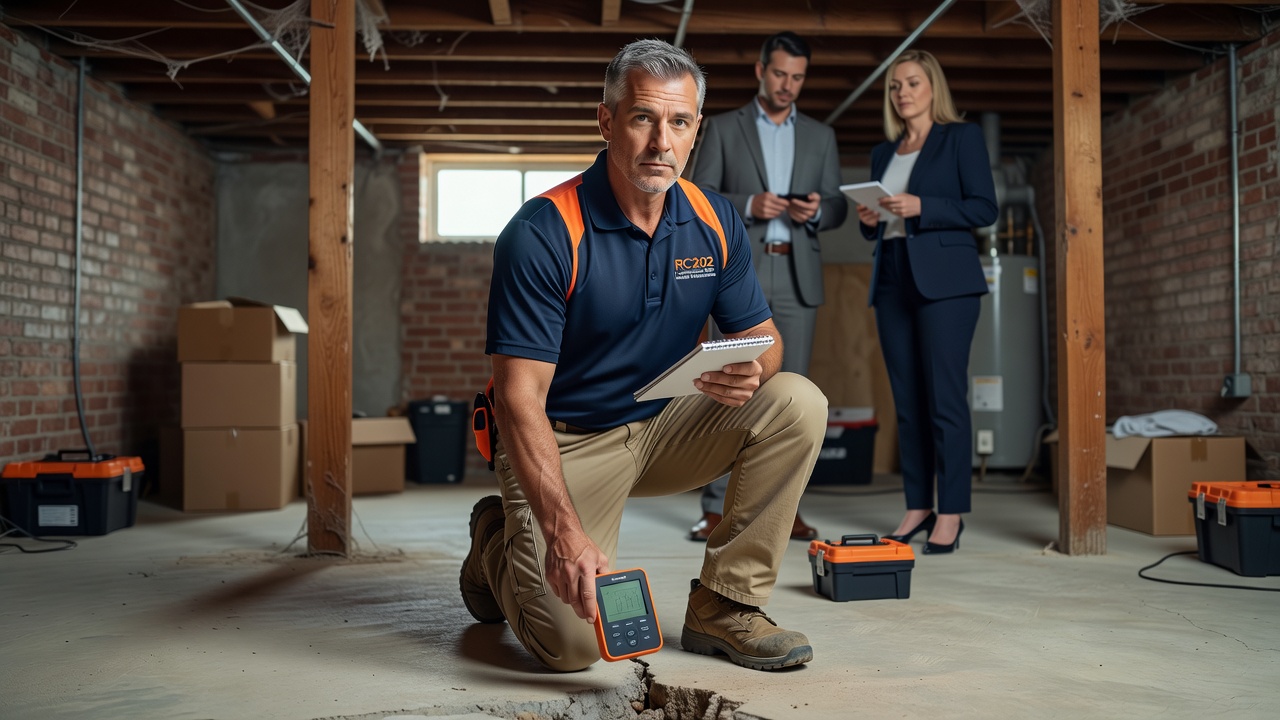 radon testing technician inspecting Ohio home basement