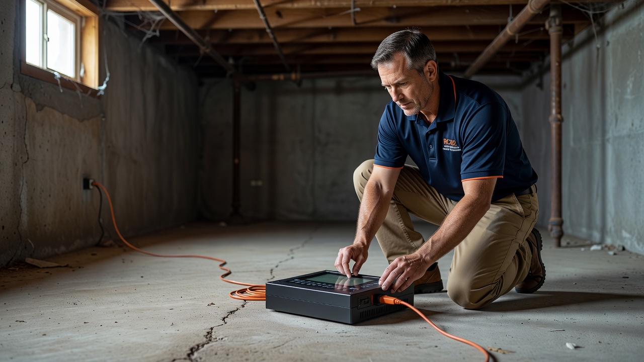 continuous radon monitor device on basement floor