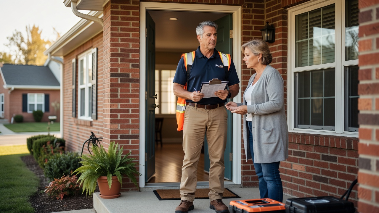 Ohio licensed radon professional with clipboard at home entrance