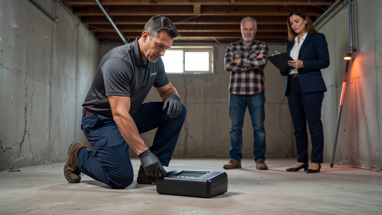 continuous radon monitor device on basement floor