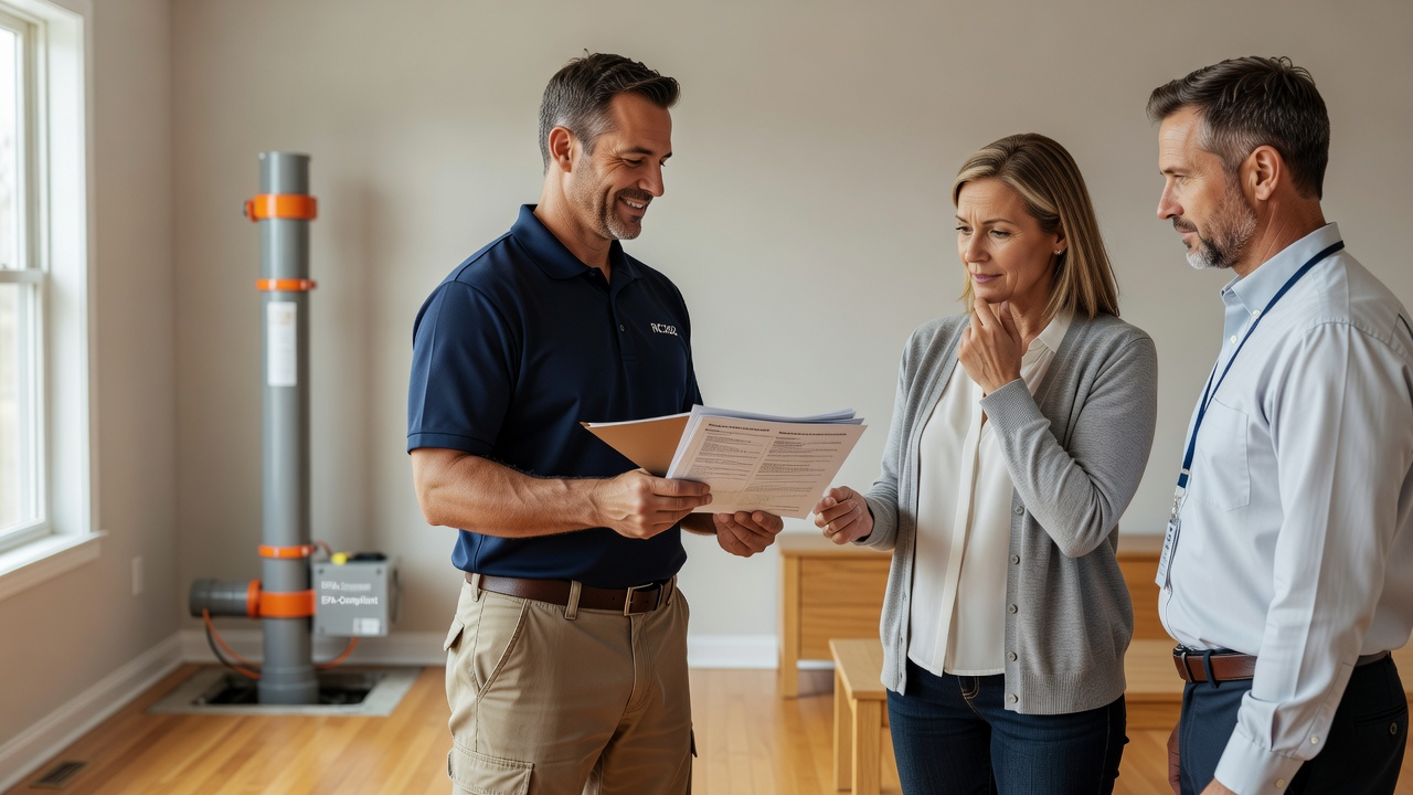 licensed radon technician handing report to homeowner