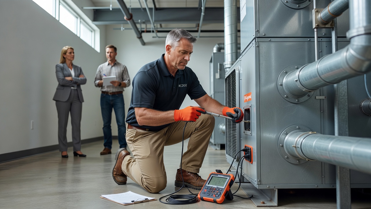 radon technician testing commercial building HVAC