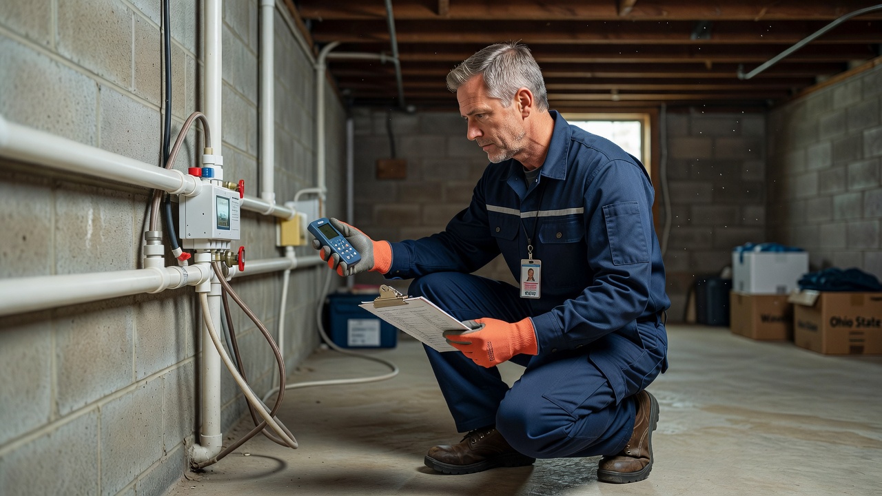 radon mitigation technician inspecting basement Ohio home