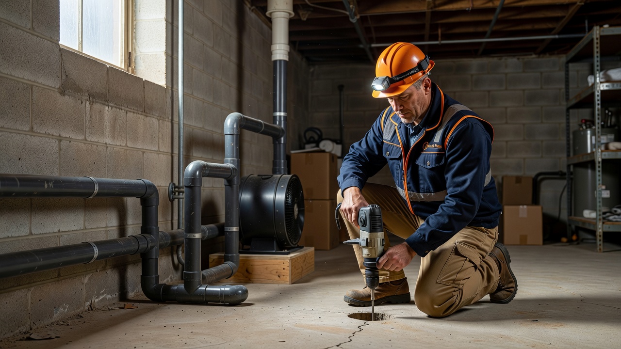radon technician installing mitigation system commercial building Ohio