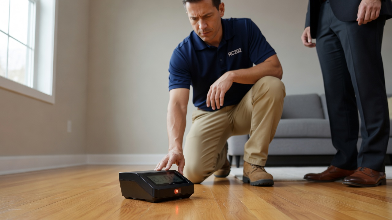 continuous radon monitor device on floor of home