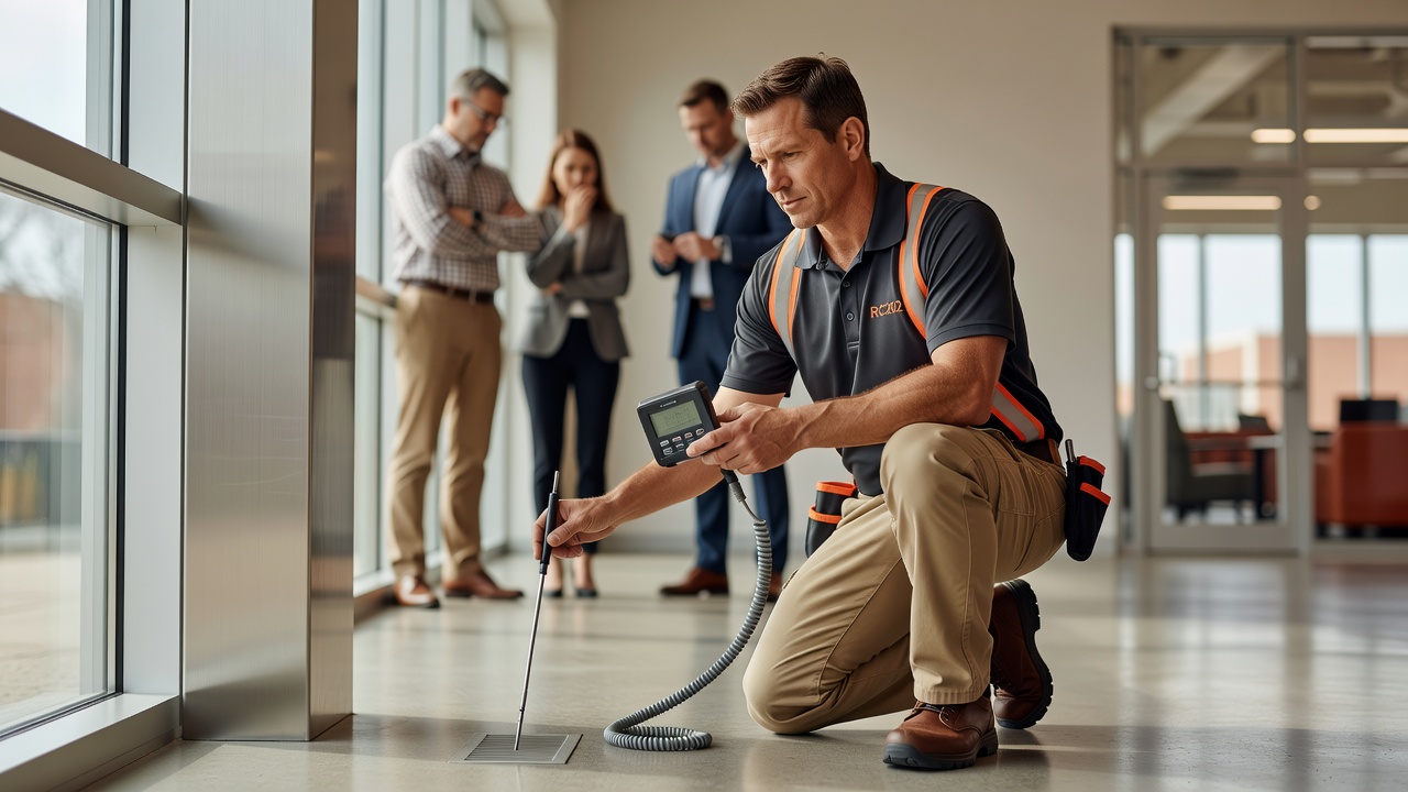 radon mitigation technician inspecting commercial building Ohio