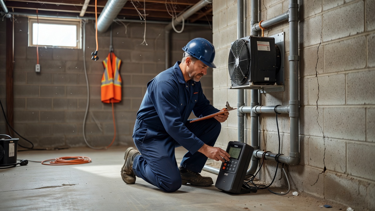 radon technician inspecting commercial building basement Ohio