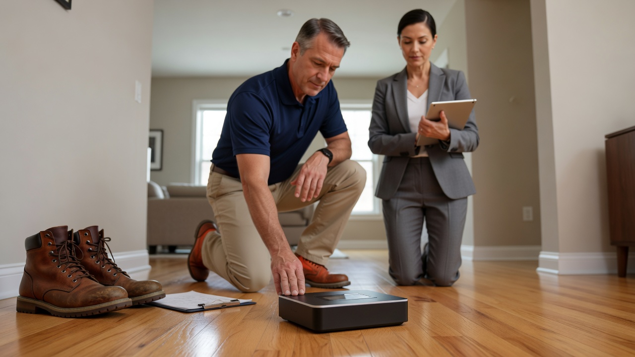 continuous radon monitor device on hardwood floor home