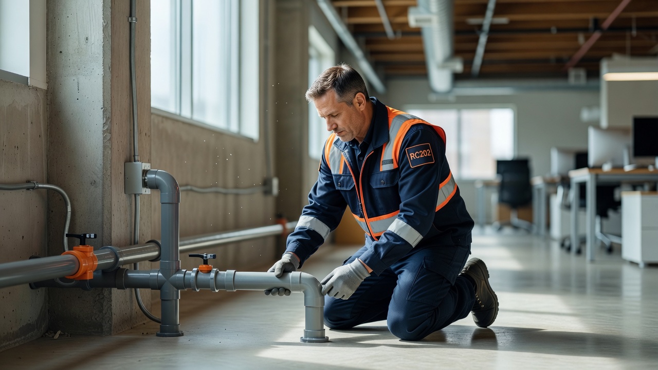 radon mitigation technician installing system commercial building