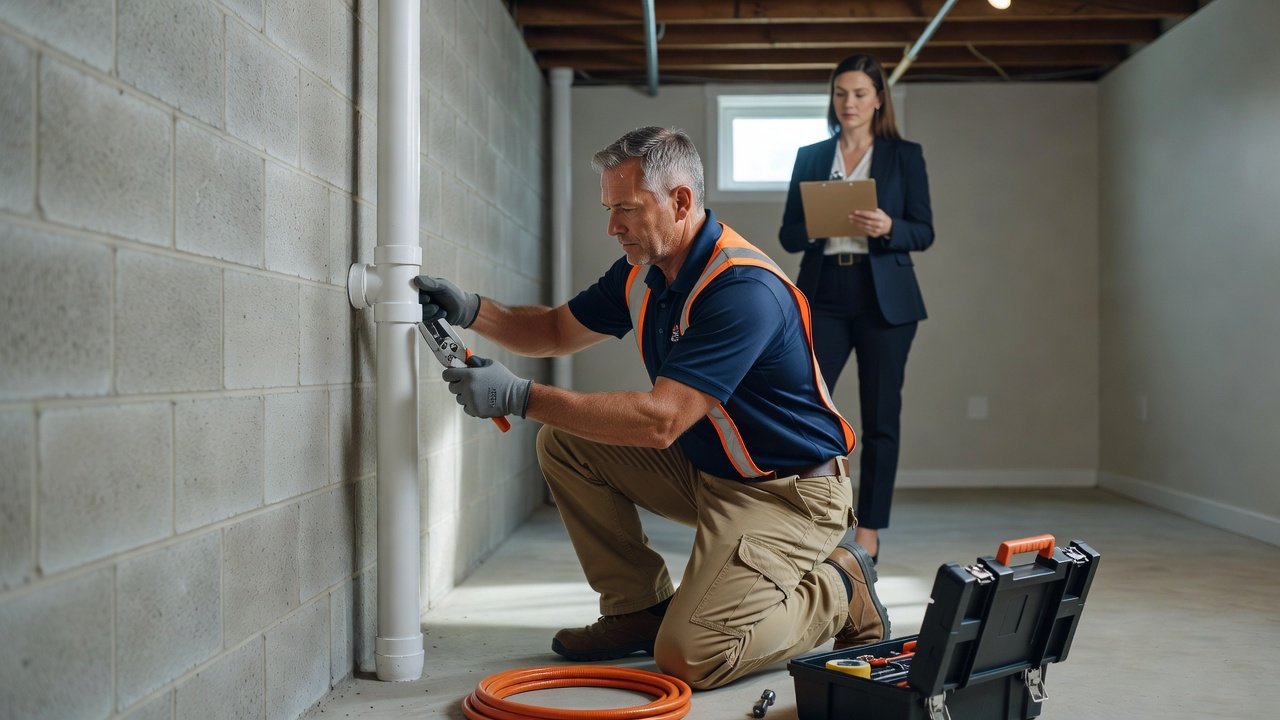 radon mitigation technician installing PVC pipe basement