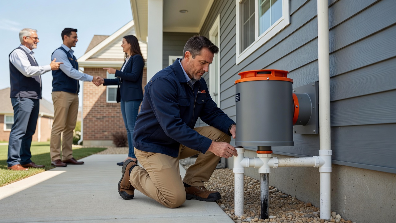radon mitigation fan and PVC pipe exterior installation