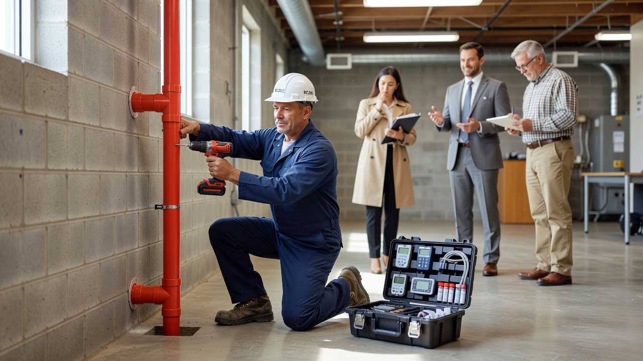 radon mitigation technician installing system commercial property