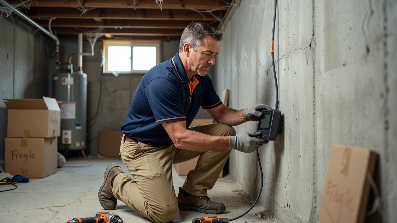 radon technician installing continuous monitor basement