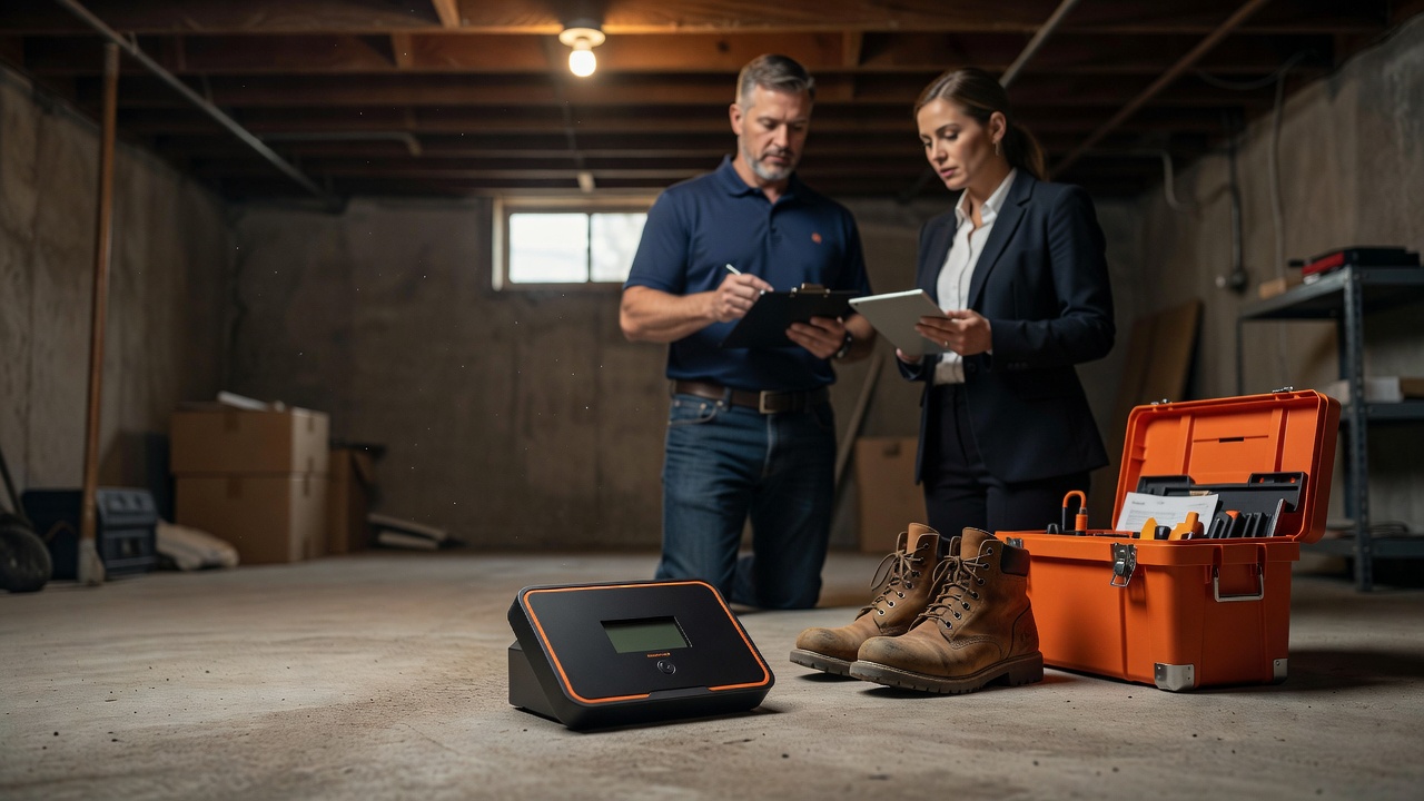 continuous radon monitor device on basement floor