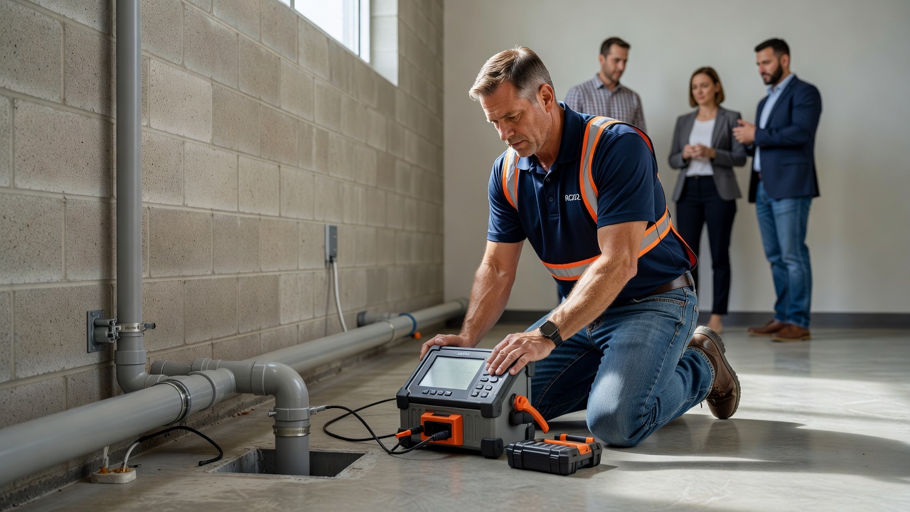 radon mitigation technician inspecting commercial building