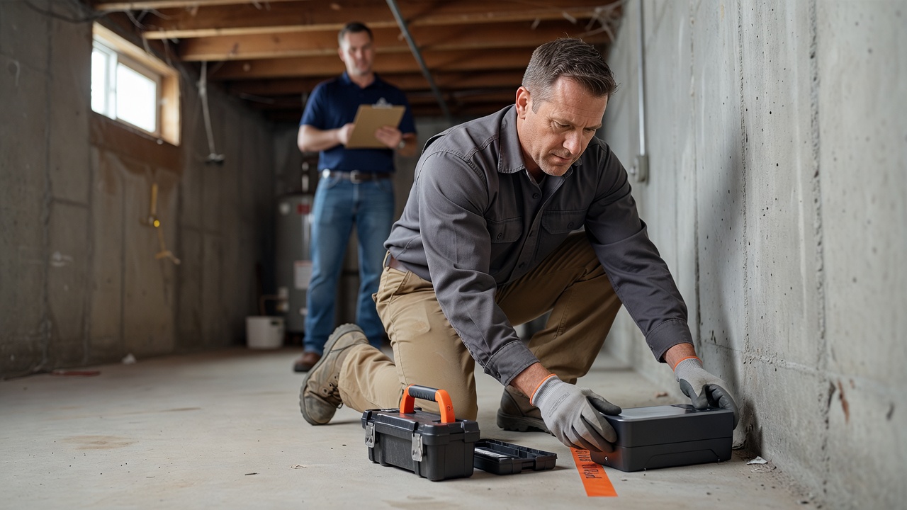 radon technician installing continuous radon monitor basement