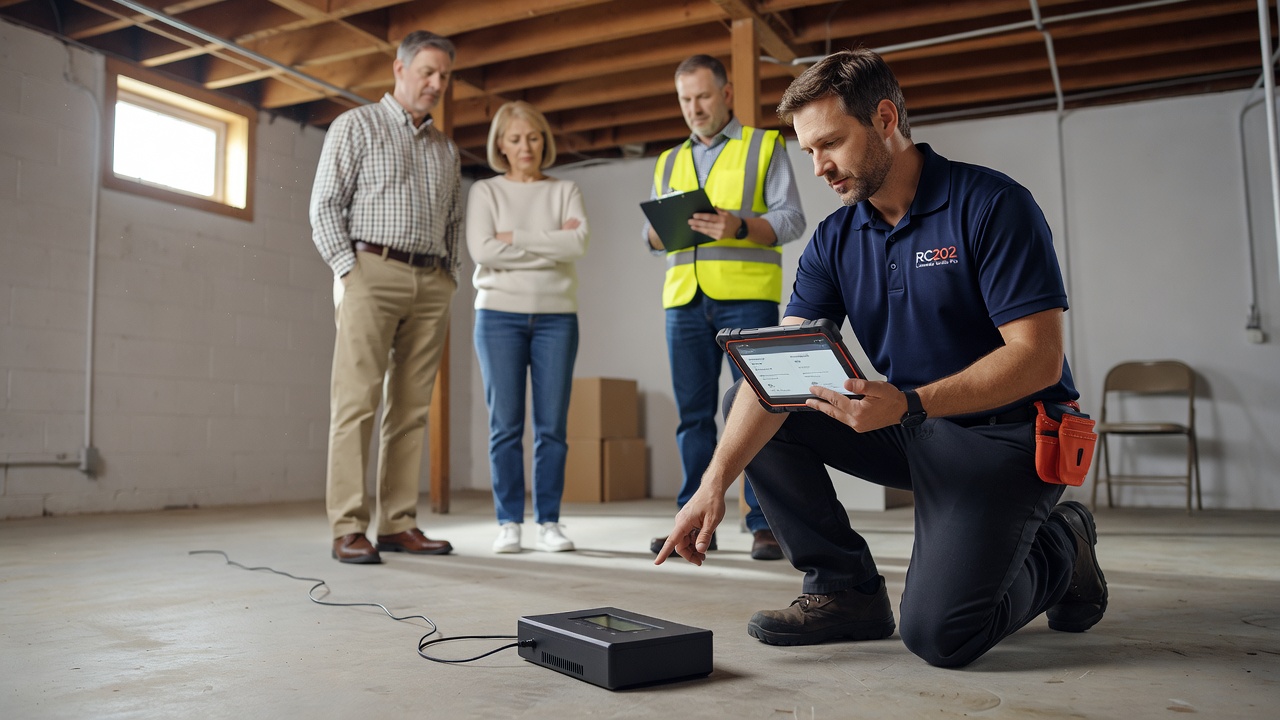 continuous radon monitor device on basement floor